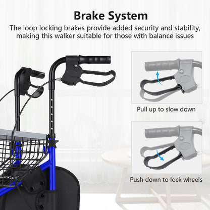 Walker with brake system highlighted, showing how to slow down and lock wheels.