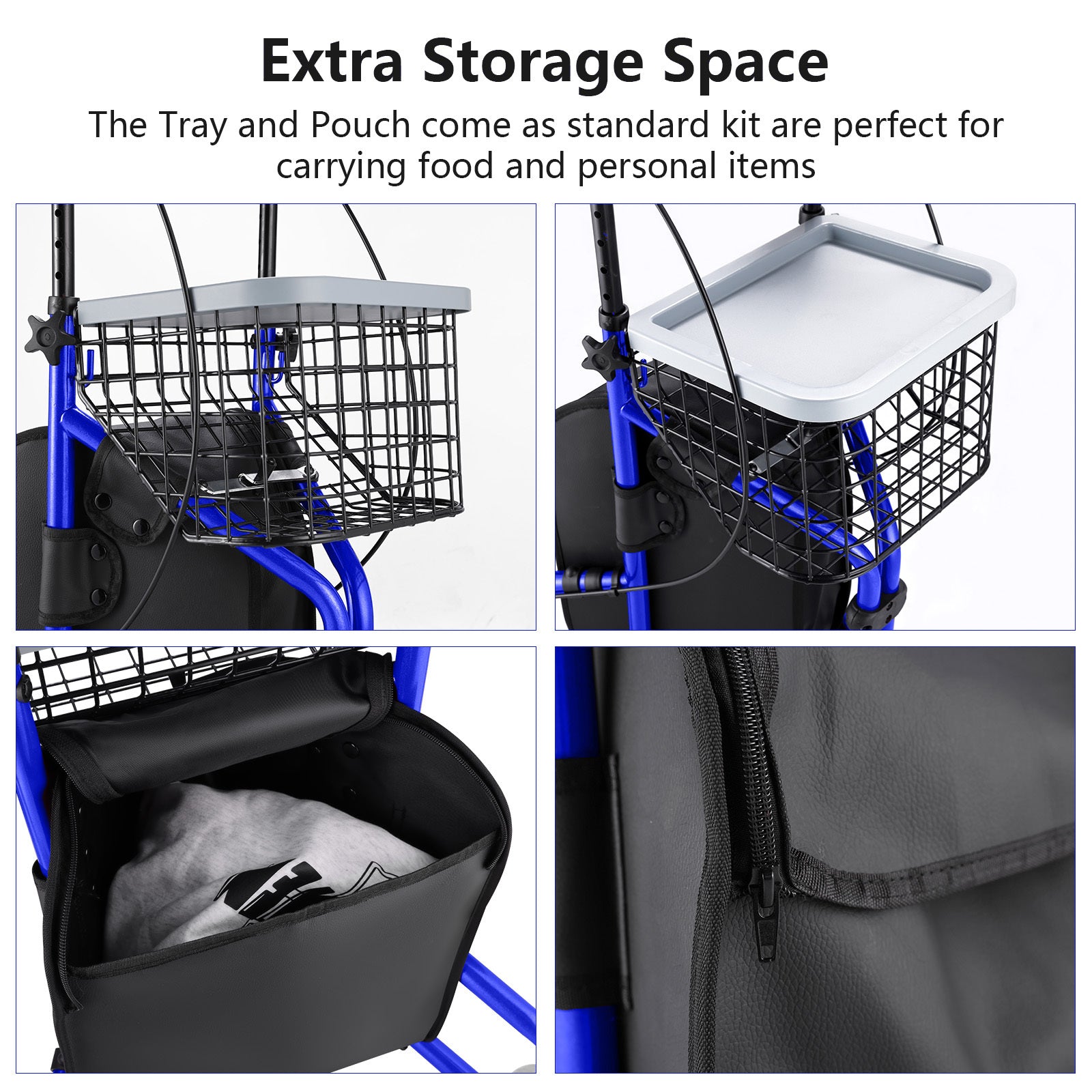 Storage tray and pouches attached to a blue cart with text about extra storage space.