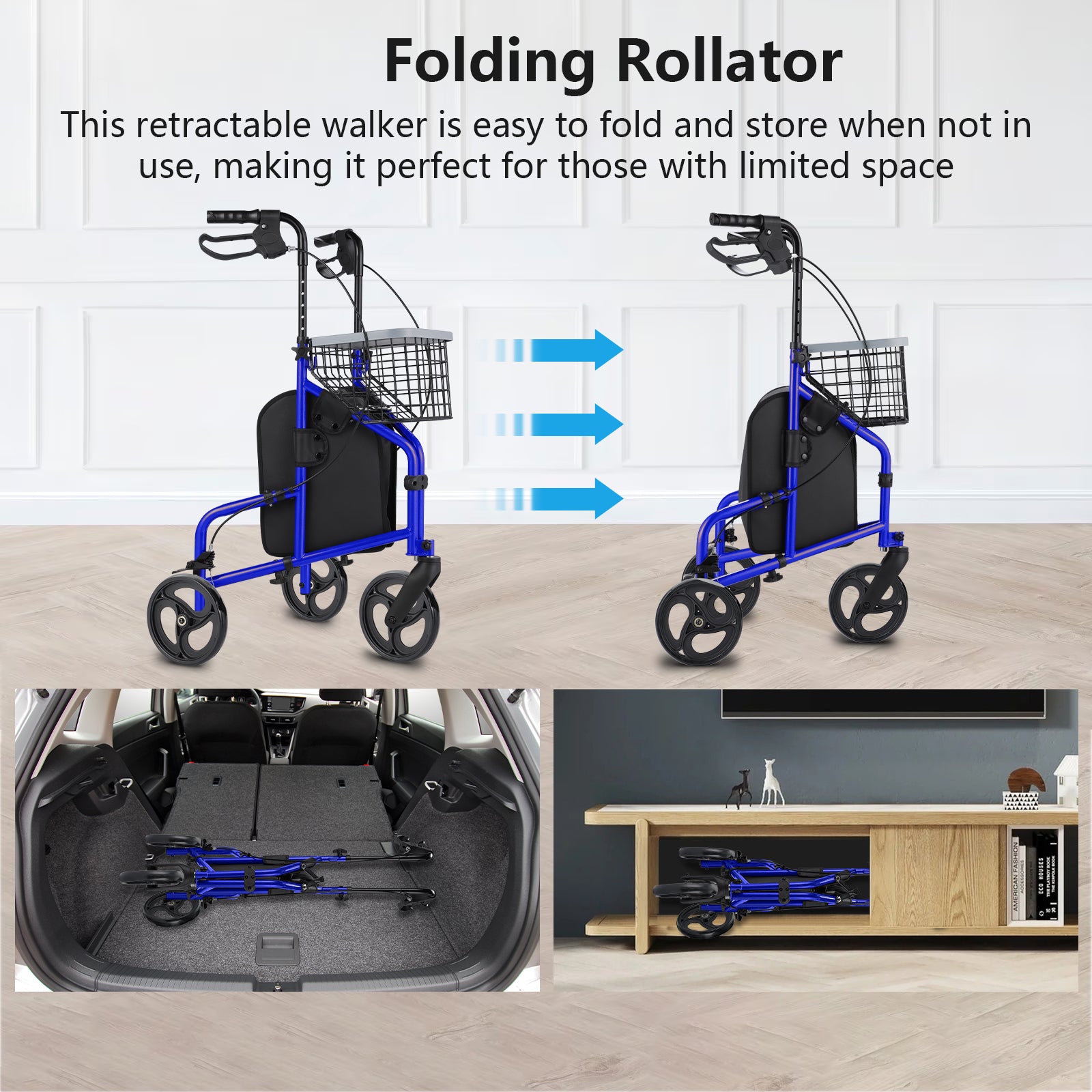 Folding rollator walker with text on a white background