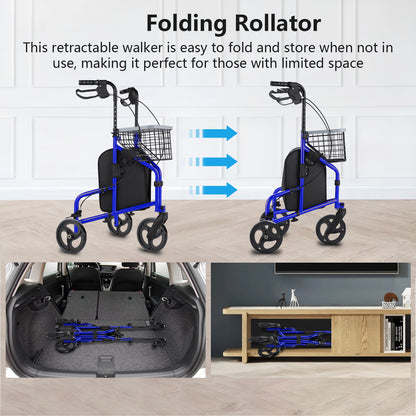Folding rollator walker with text on a white background