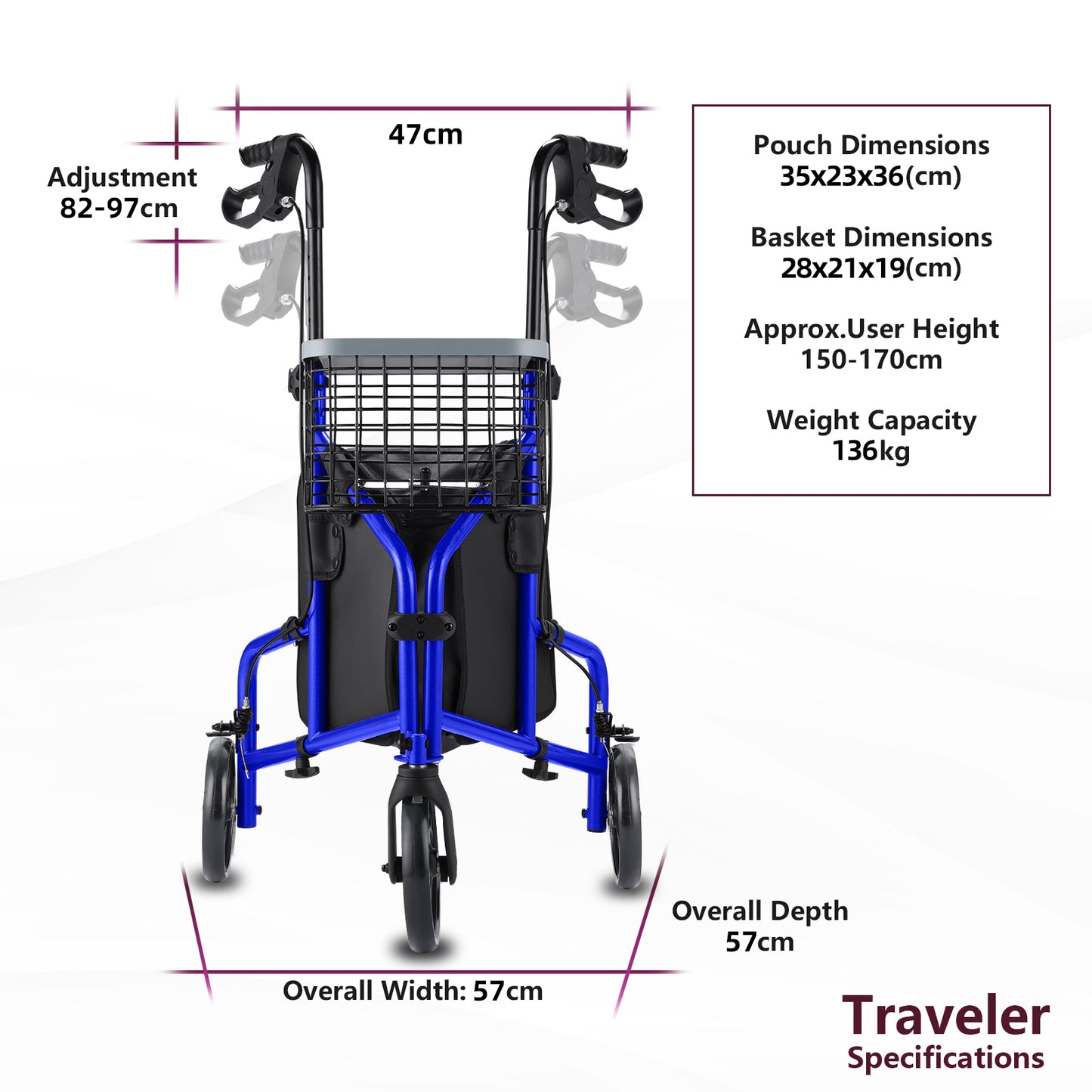 Blue walker with dimensions and specifications on a white background