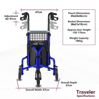 Blue walker with dimensions and specifications on a white background