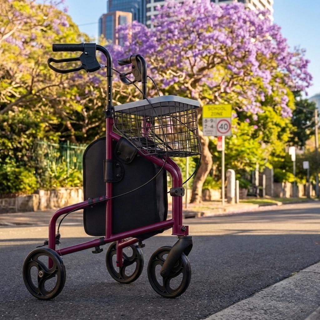 A purple and black rolling walker with a wire basket and handbrake is parked on an outdoor street with blooming purple trees and city buildings in the background.