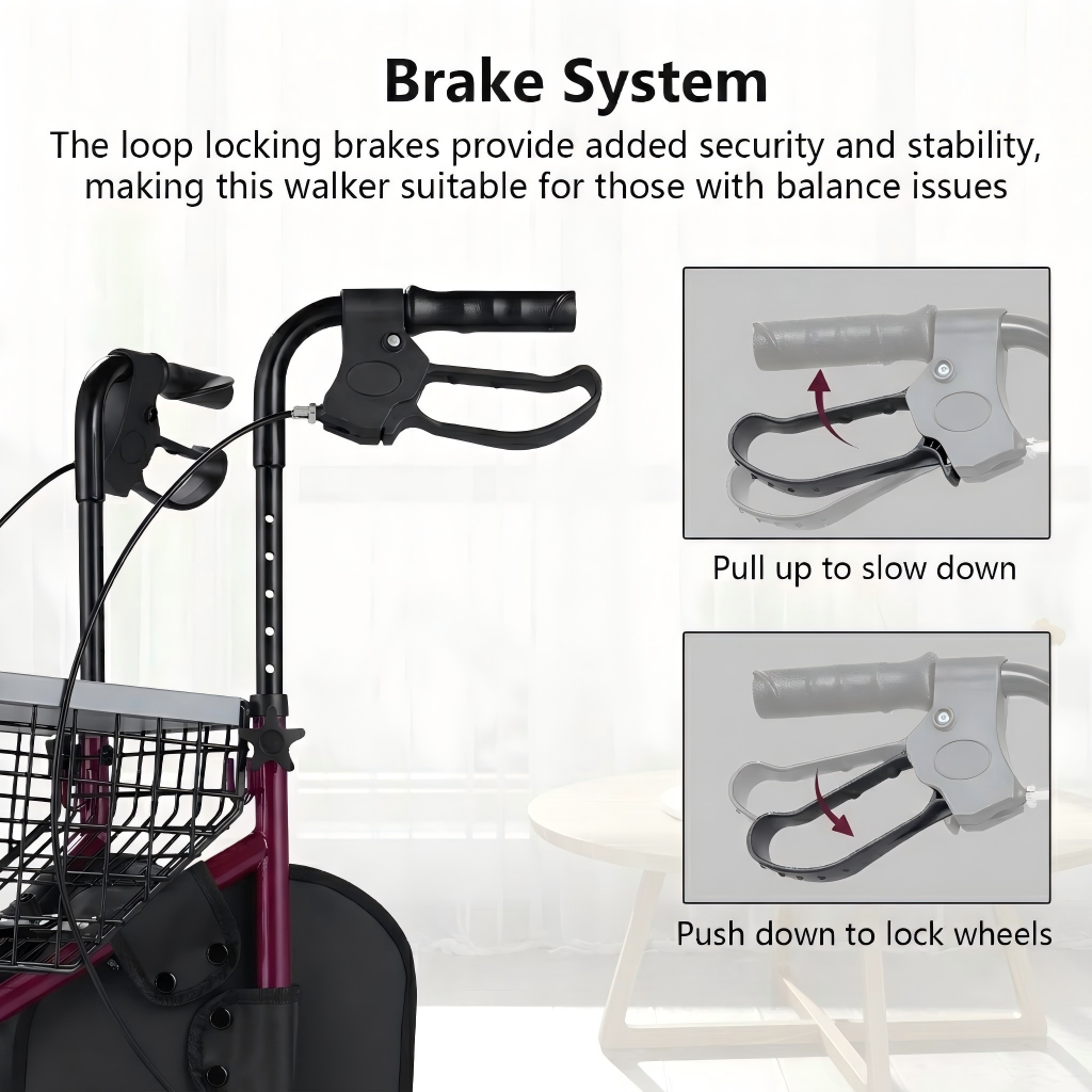 A push walker with a basket and brake system shown on a light indoor background, with explanatory text and two inset diagrams demonstrating how the loop brakes work.