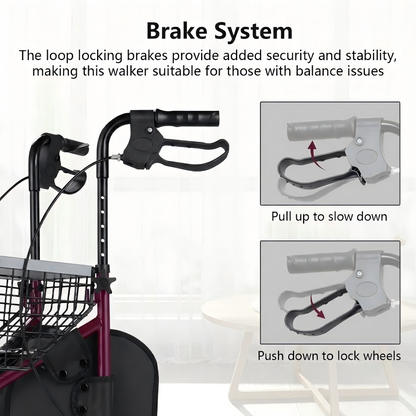 A push walker with a basket and brake system shown on a light indoor background, with explanatory text and two inset diagrams demonstrating how the loop brakes work.