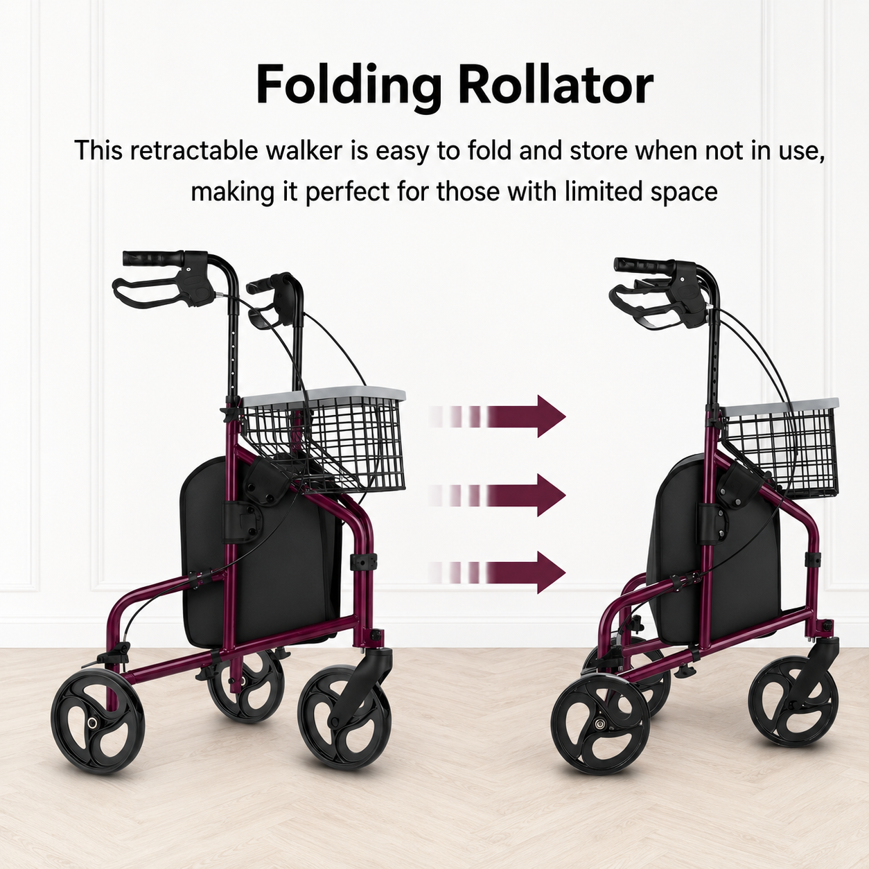 A folding rollator walker shown in two configurations on a light indoor floor against a white wall. The product has a dark burgundy frame, black seat and basket, and black wheels.