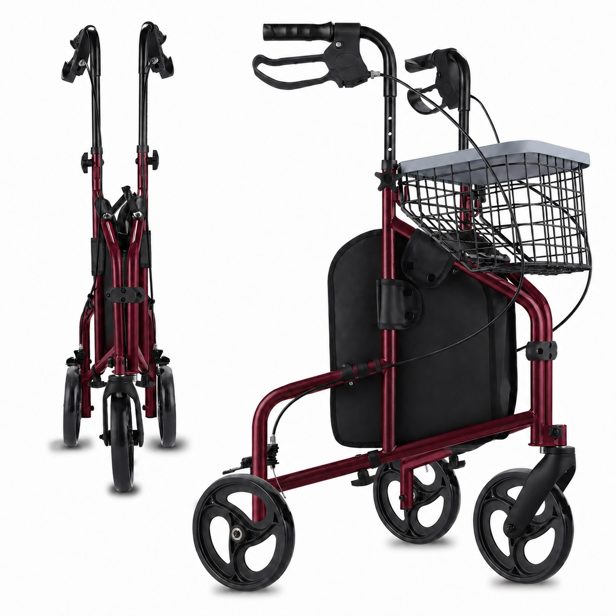 A red and black rollator walker shown from two angles on a white background, featuring a front wire basket, black handlebars, and a black storage pouch.