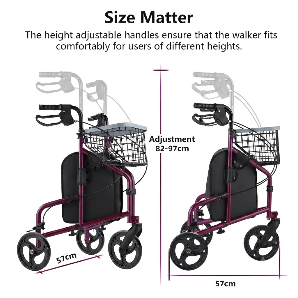A product infographic showing a rollator walker from two angles with text explaining height adjustability. The walker has a purple frame, black seat and basket, and black wheels.