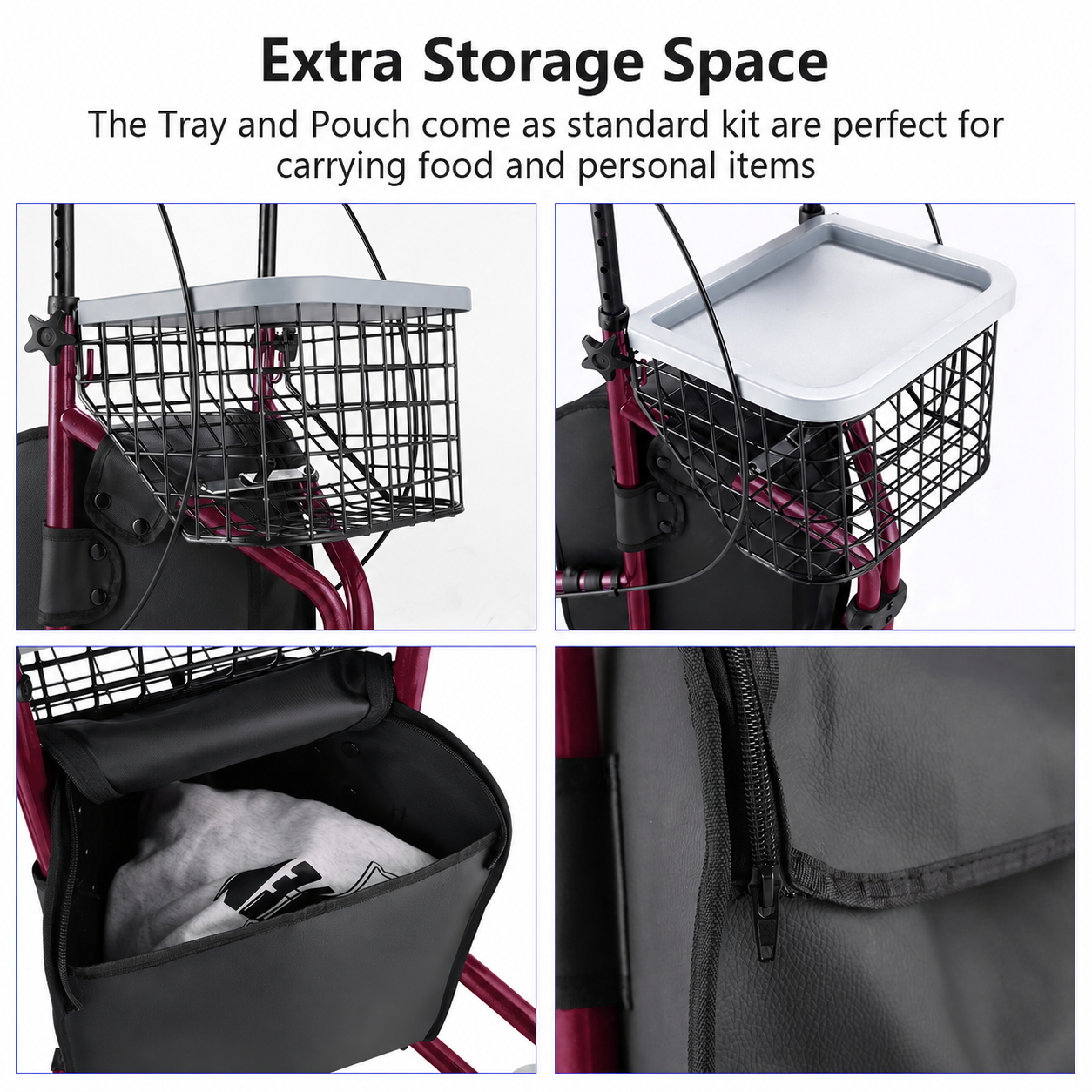 A four-panel product feature collage showing a black wire storage basket with a light gray lid, a black storage pouch with zipper, and a soft gray cushion, all mounted on a red mobility aid. Text at the top reads 'Extra Storage Space' with descriptive copy about carrying food and personal items.