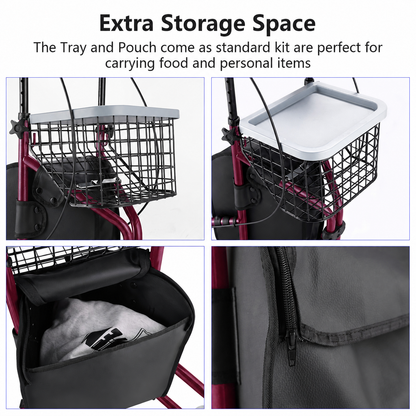 A four-panel product feature collage showing a black wire storage basket with a light gray lid, a black storage pouch with zipper, and a soft gray cushion, all mounted on a red mobility aid. Text at the top reads 'Extra Storage Space' with descriptive copy about carrying food and personal items.