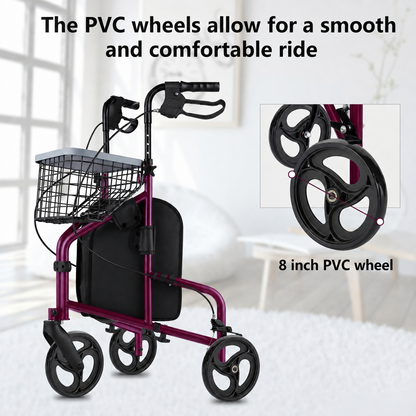 A purple and black rollator walker with a front basket, shown in a bright indoor room. Text at the top says 'The PVC wheels allow for a smooth and comfortable ride,' and a circular inset highlights the 8-inch PVC wheel.