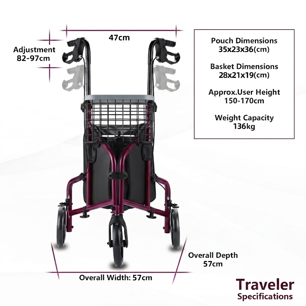 A rollator walker with a black storage pouch and basket, shown with measurement callouts and a specifications box on a white background. The frame is dark purple/magenta, with black wheels, handlebars, and basket, and a gray seat.