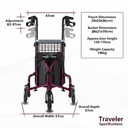 A rollator walker with a black storage pouch and basket, shown with measurement callouts and a specifications box on a white background. The frame is dark purple/magenta, with black wheels, handlebars, and basket, and a gray seat.