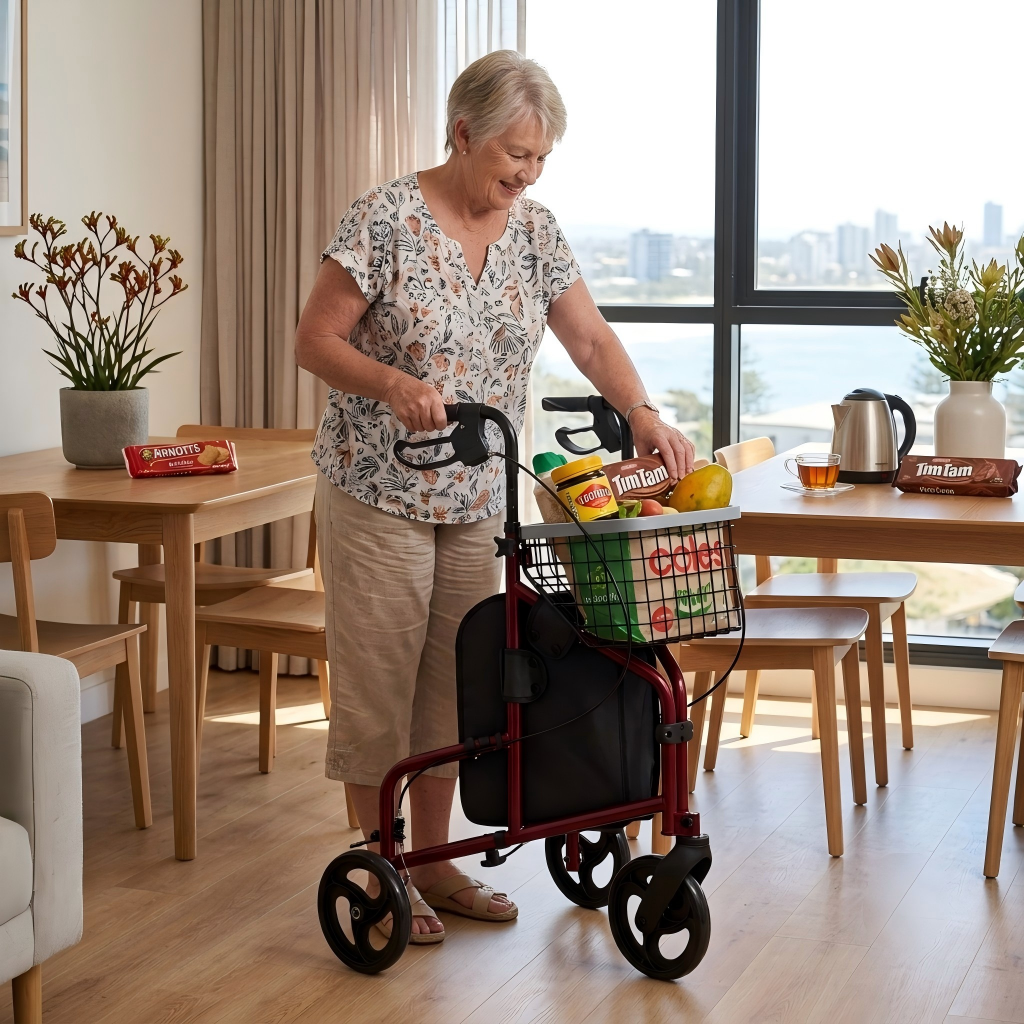 An older woman stands in a bright dining room using a red four-wheel rolling walker with a black bag and shopping basket. The room has wooden floors, dining tables, chairs, a window with a city and water view, and potted plants.
