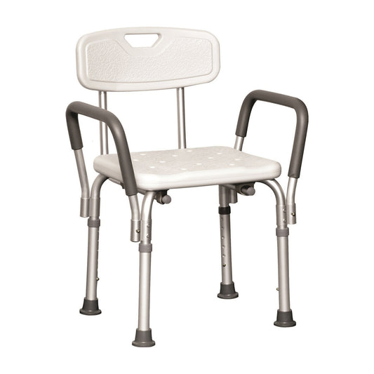Medical shower chair with white seat and gray frame on a white background