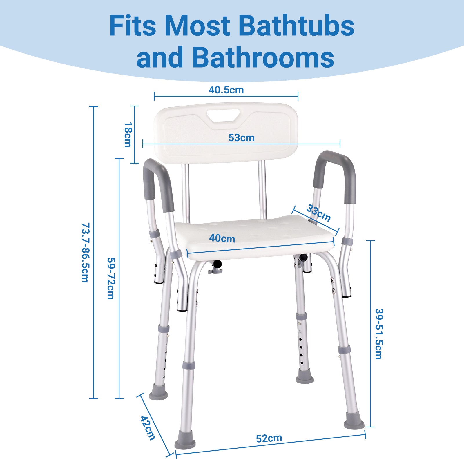 Measurement chart of a shower chair with dimensions on a white background