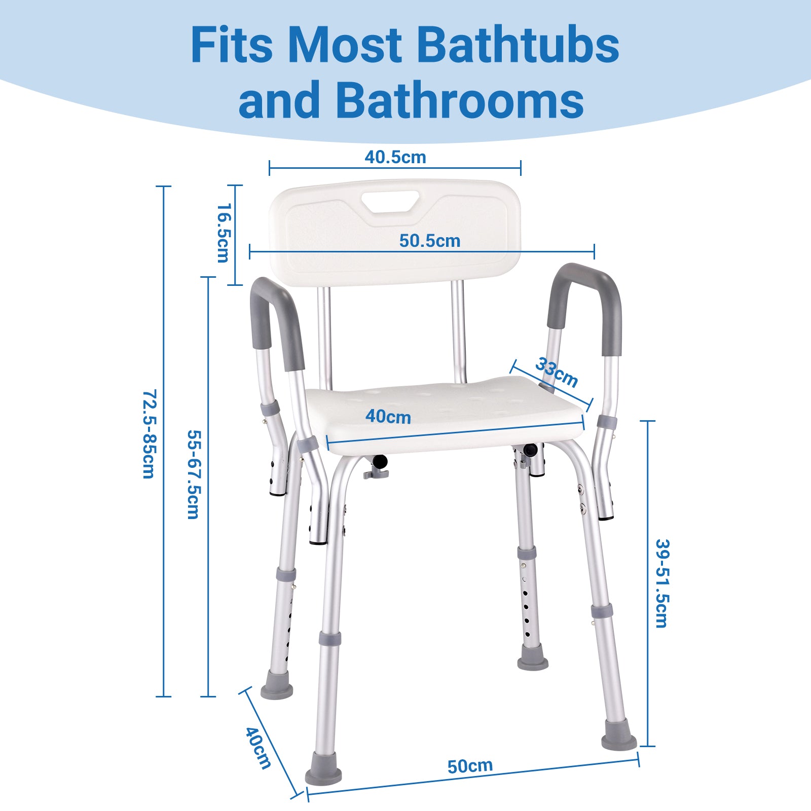 Measurement chart of a shower chair with dimensions on a white background
