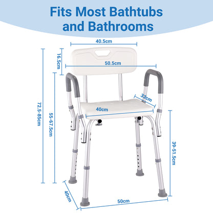 Measurement chart of a shower chair with dimensions on a white background