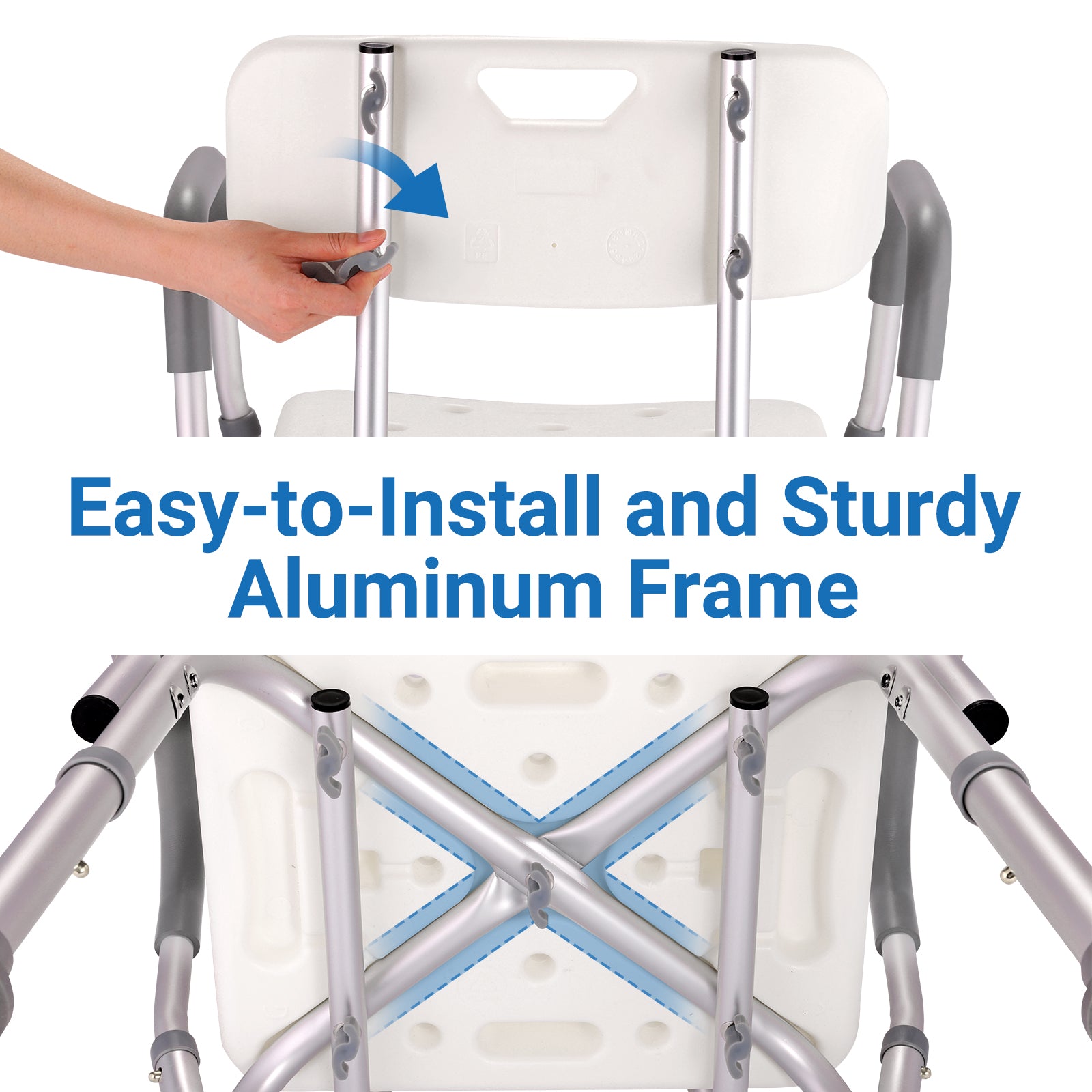 Handyman adjusting a white shower chair with an easy-to-install aluminum frame on a white background.