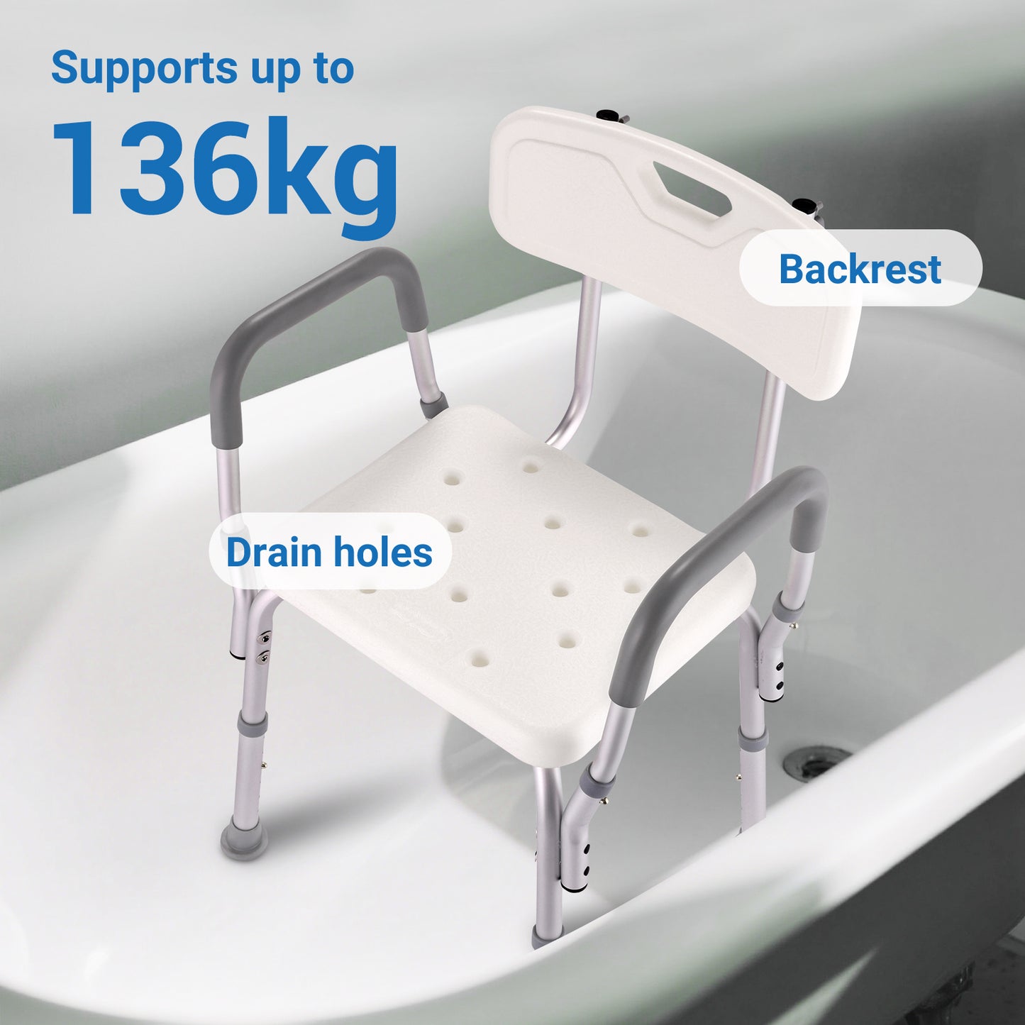 Bath support seat with backrest and handles on a bathtub, labeled with weight capacity and features.