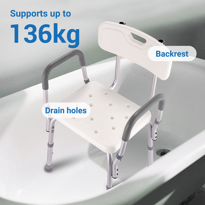 Bath support seat with backrest and handles on a bathtub, labeled with weight capacity and features.