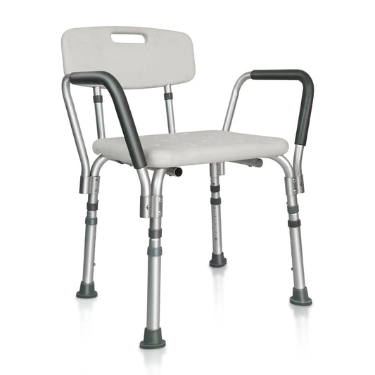 A basic adjustable shower chair with a white backrest and seat, featuring grey metal legs