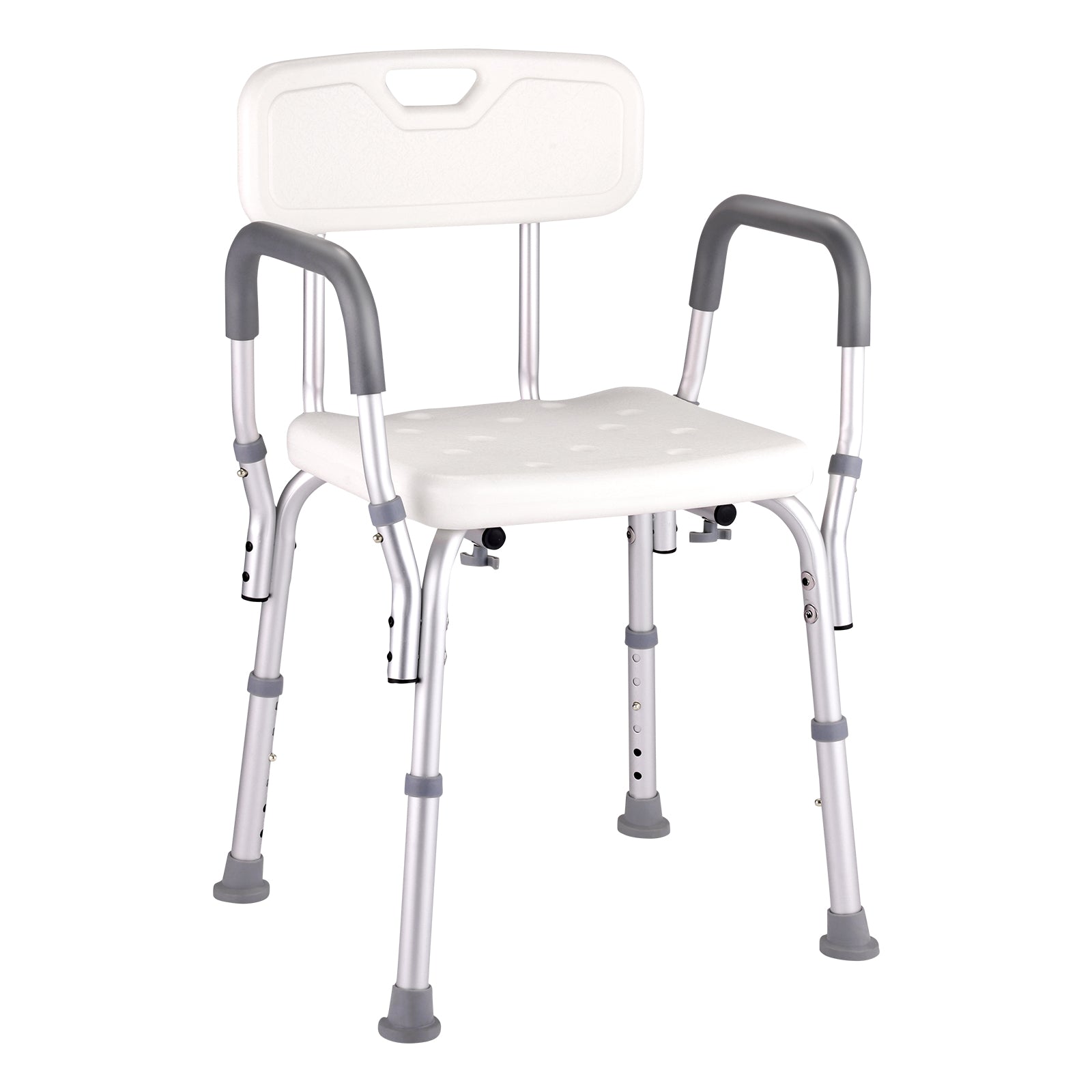 A basic adjustable shower chair with a white backrest and seat, featuring grey metal legs