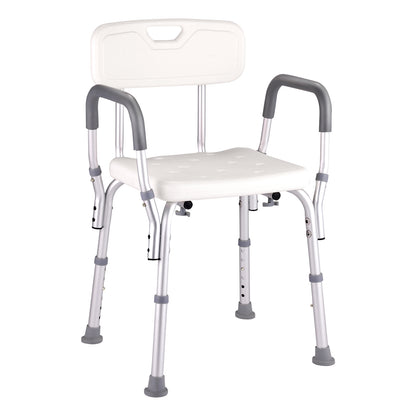 A basic adjustable shower chair with a white backrest and seat, featuring grey metal legs