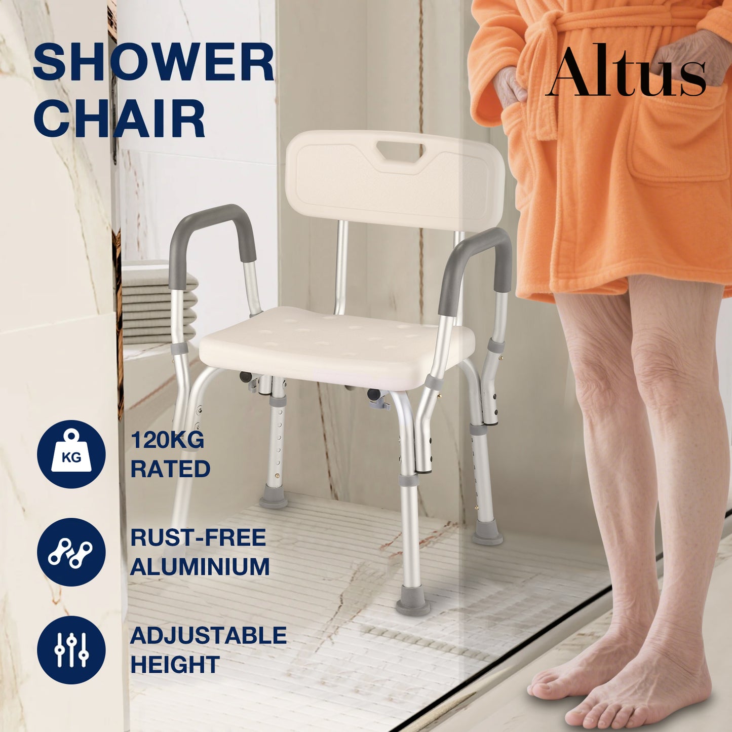 Altus Bathroom Shower Chair with Back Rest and Arm Aluminium Adjustable