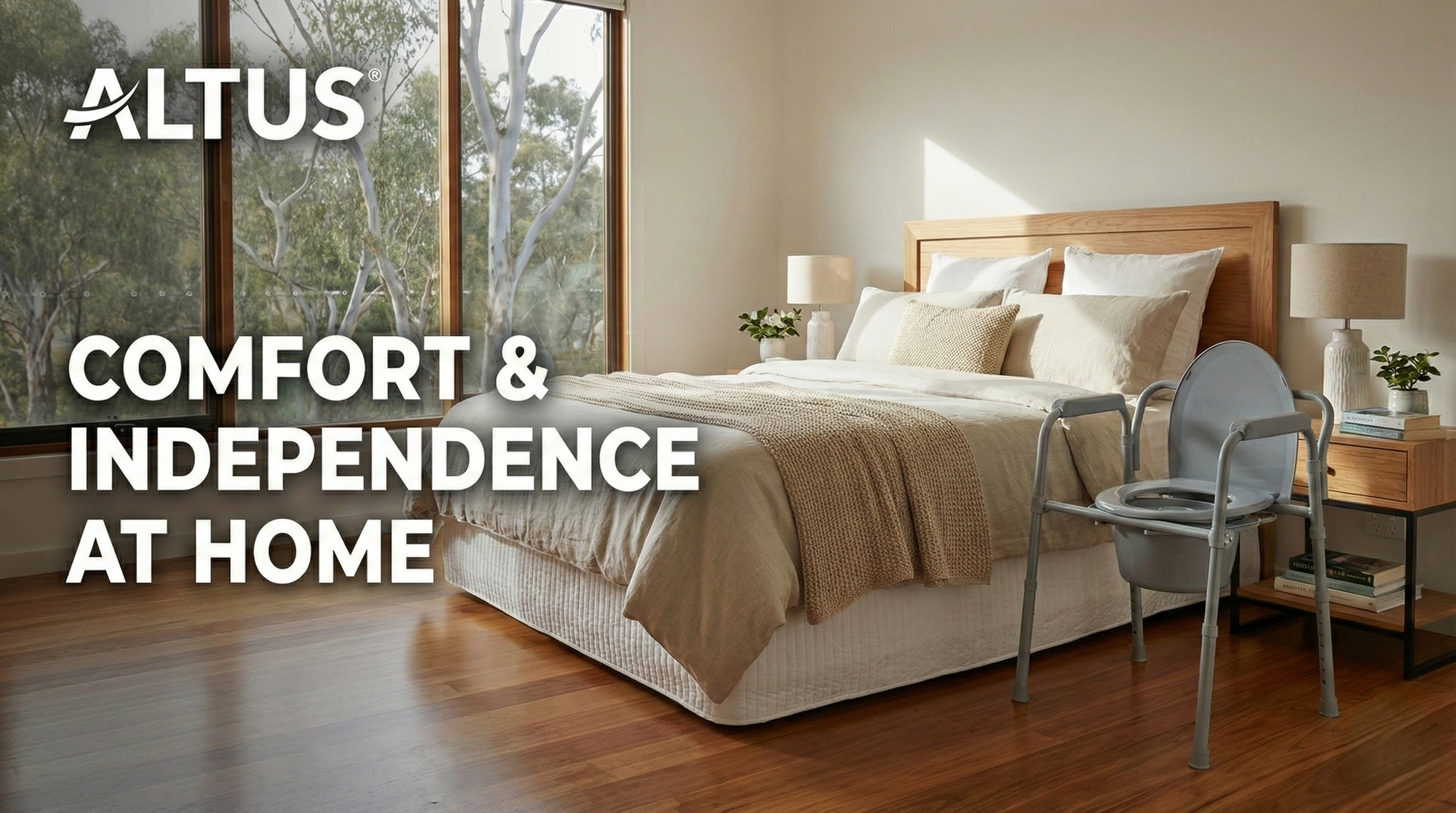 Bedroom with a bed and a chair with a toilet seat, featuring the brand 'ALTUS'.