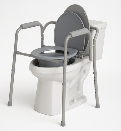 Toilet safety frame with raised seat on a white background