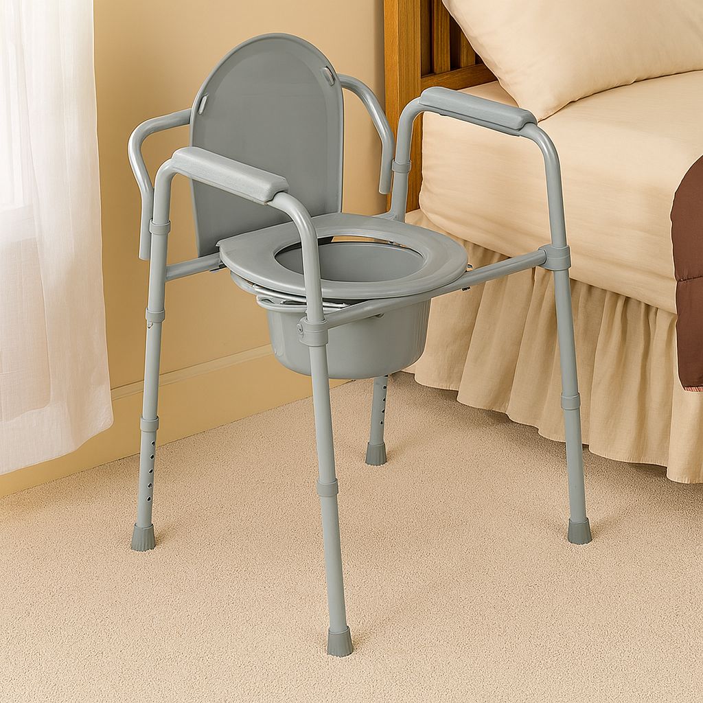 Gray commode chair with handles on a beige carpeted floor.