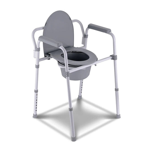 Image of a white, foldable frame commode chair on a plain background, highlighting the seat and open lid.