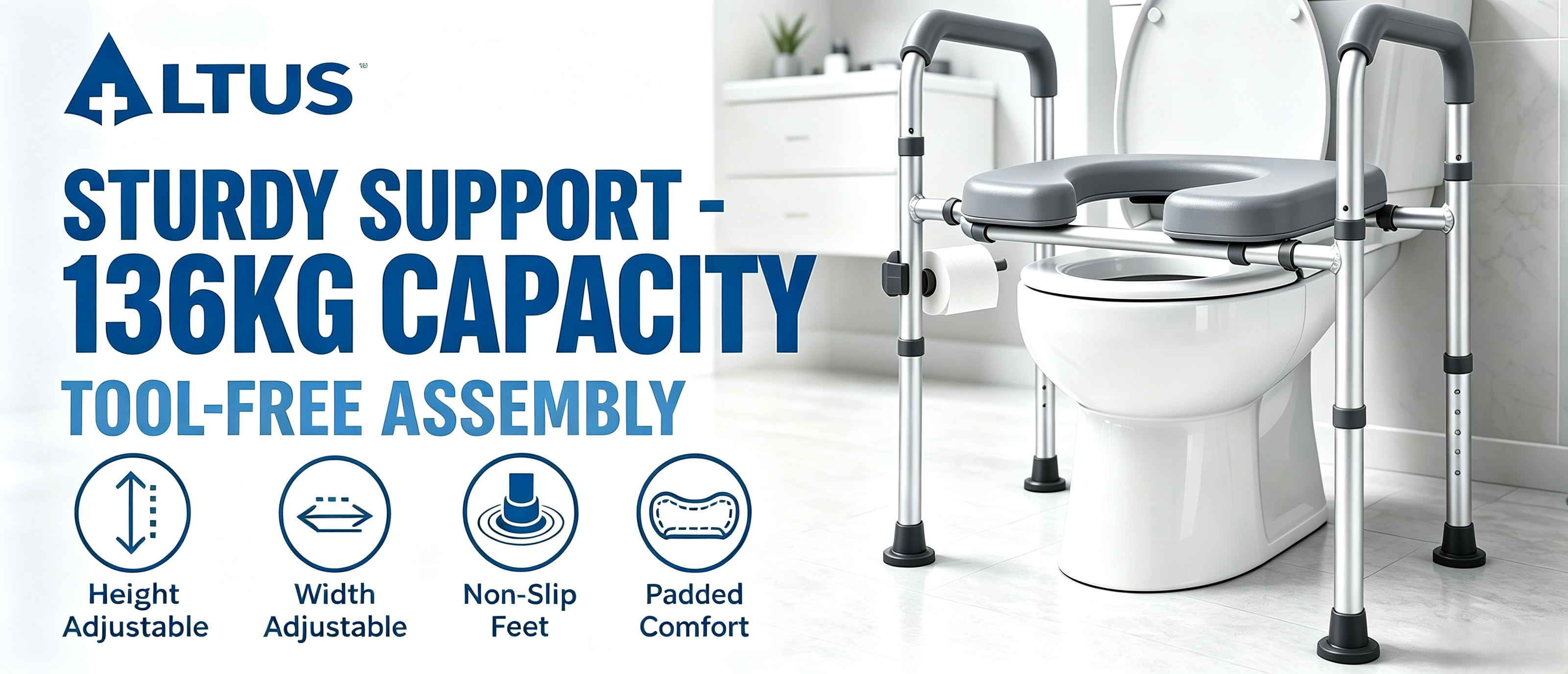 Altus toilet transfer and safety seat lift shown installed beside a white toilet in a bathroom setting, with large text reading 'STURDY SUPPORT - 136KG CAPACITY TOOL-FREE ASSEMBLY' and feature icons below.
