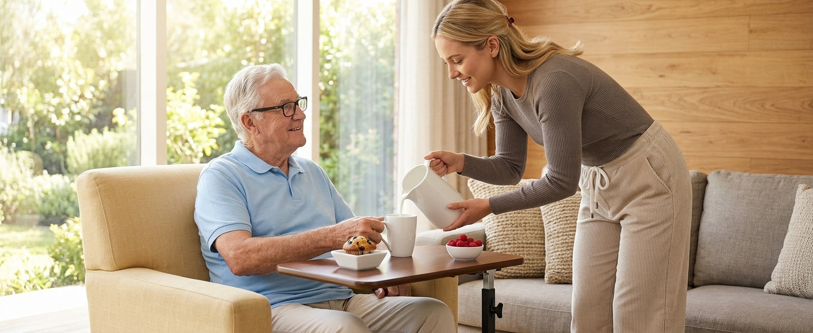 A woman pouring coffee from a white pitcher into a mug for an older man sitting in a beige armchair in a bright, modern living room.