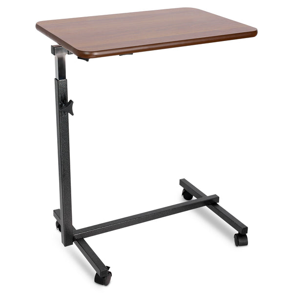 Altus adjustable overbed table with walnut laminate finish tabletop, ideal for laptops and bedside use, featuring rolling lockable wheels for easy movement.