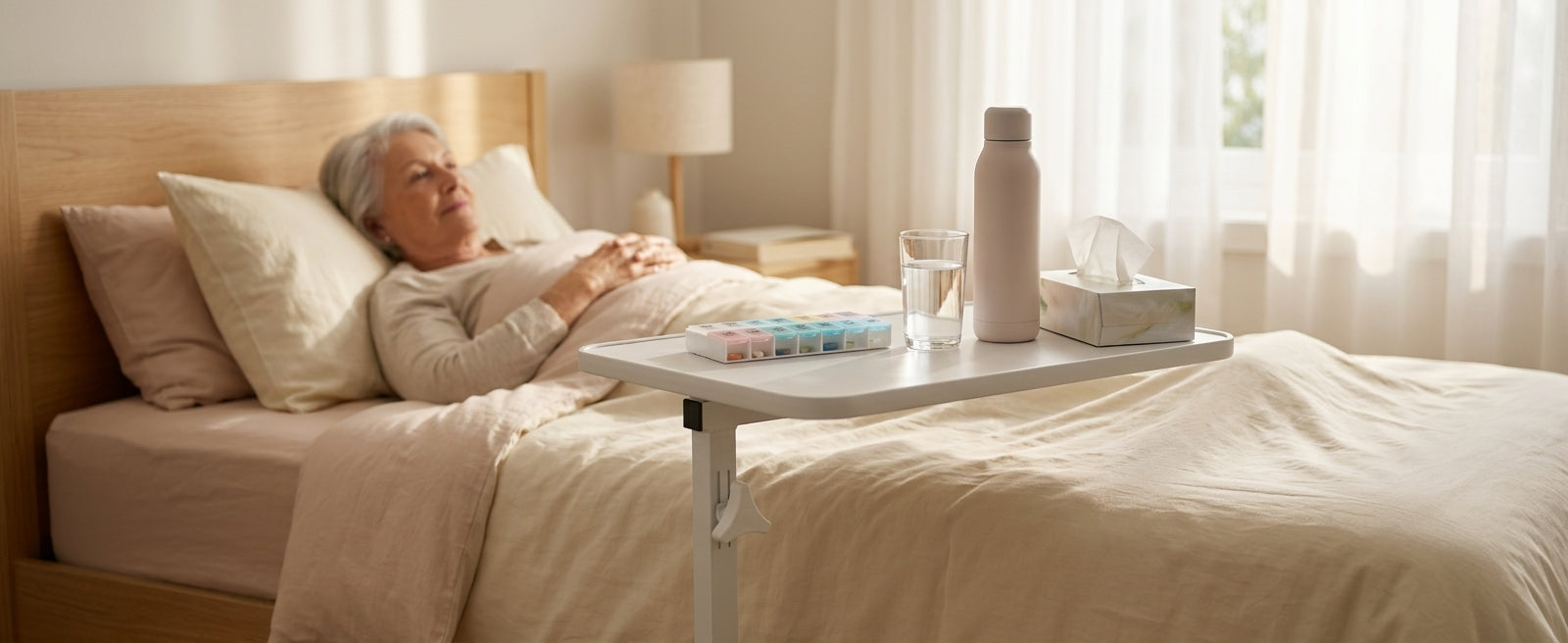 An elderly woman rests in bed with a white knee table holding a water bottle, glass, tissue box, and pill organizer in a softly lit bedroom.