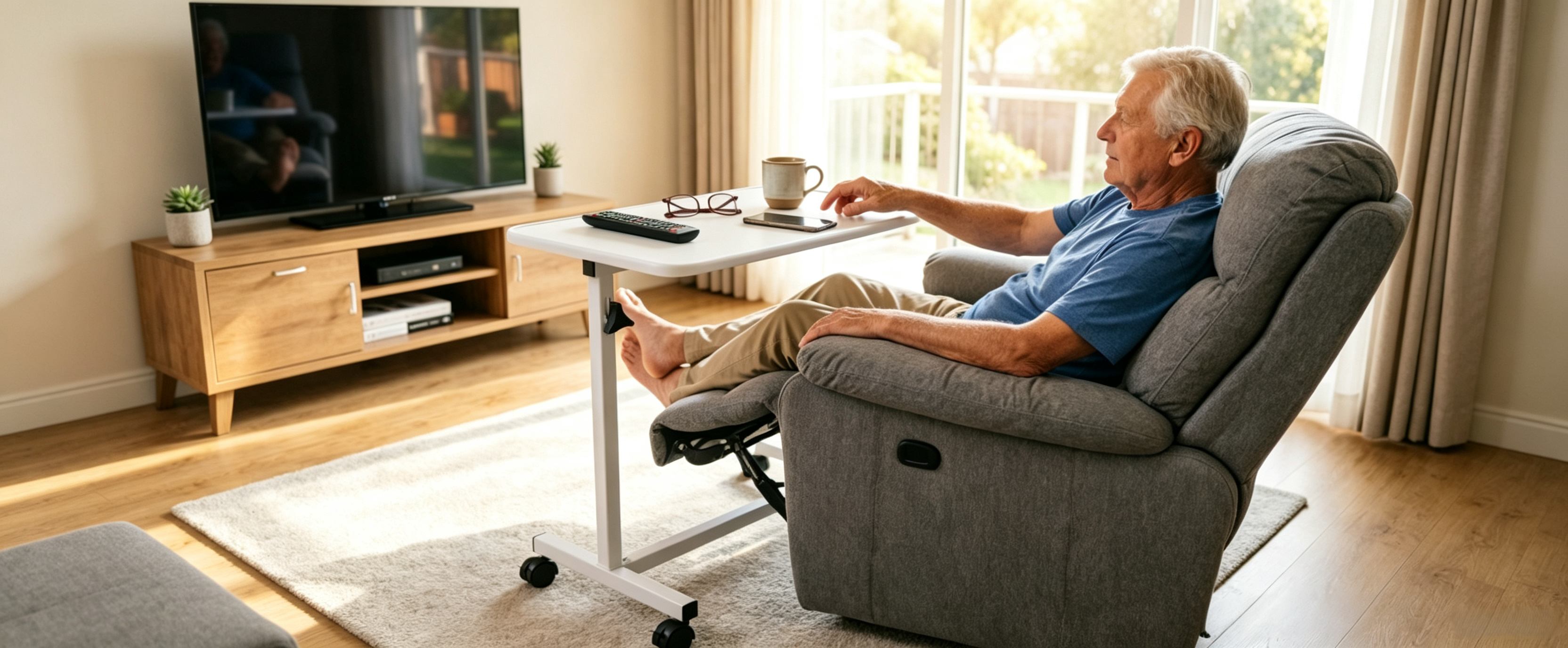 An older man relaxes in a gray recliner chair while watching TV from a white adjustable standing desk with a cup and remote on the tray, set in a bright living room.