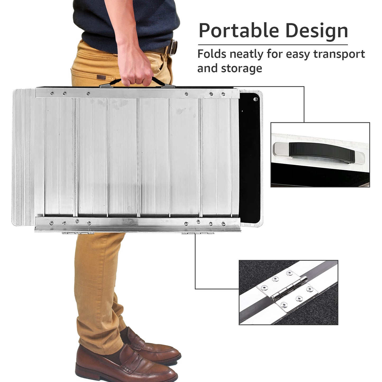 Man carrying folded Altus Portable Wheelchair Ramp, highlighting the ease of transport with a portable design.