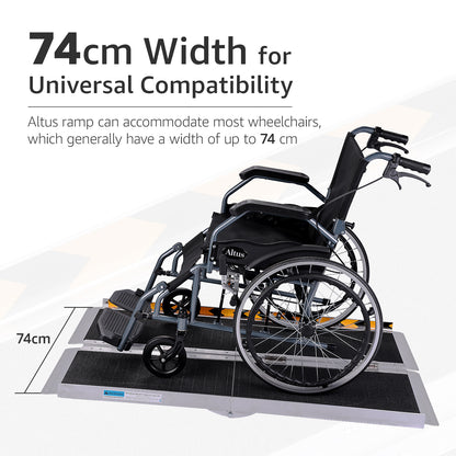 Wheelchair securely positioned on Altus Aluminum Ramp with 74 cm width for universal wheelchair compatibility.