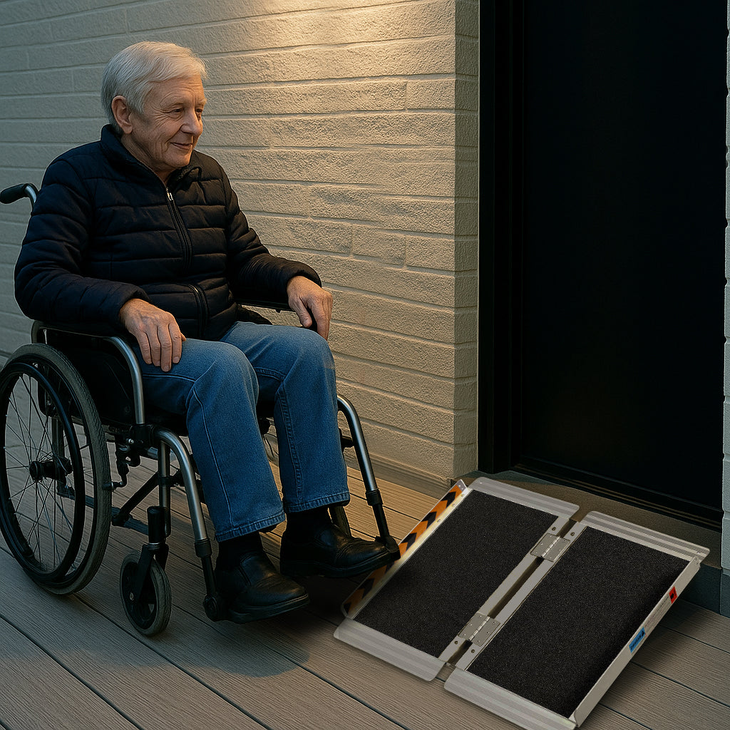 The Altus Wheelchair Ramp provides easy access for seniors in wheelchairs. In the image, an elderly woman uses the ramp to smoothly transition from the porch to the ground. The ramp’s lightweight, foldable design ensures portability and stability for everyday use.