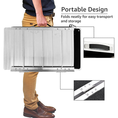 Man carrying folded Altus Portable Wheelchair Ramp, highlighting the ease of transport with a portable design.