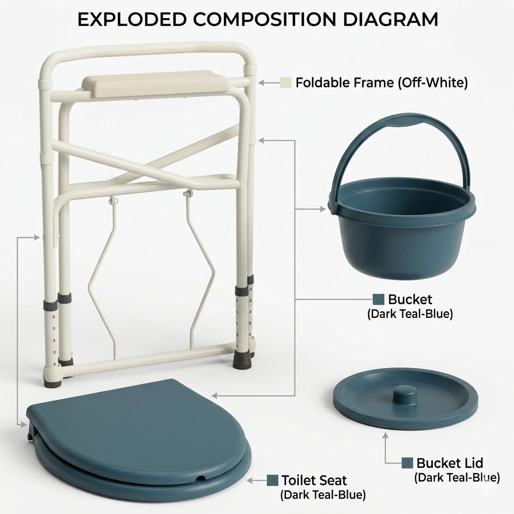 Exploded view diagram of a bathroom aid with foldable frame, bucket, toilet seat, and lid.