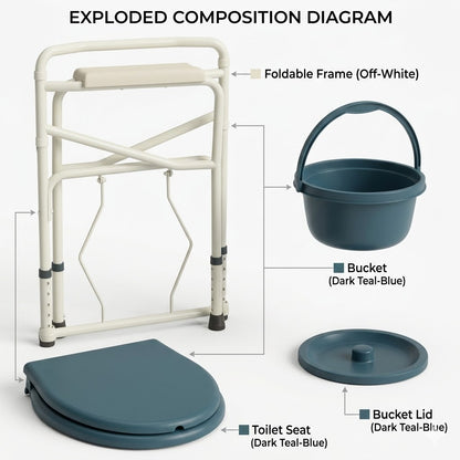 Exploded view diagram of a bathroom aid with foldable frame, bucket, toilet seat, and lid.