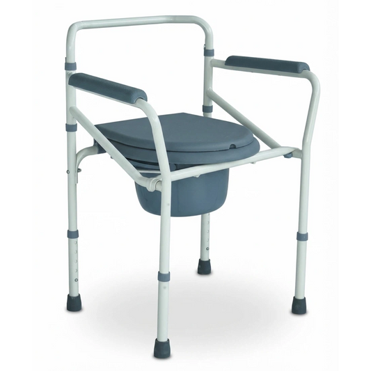 Toilet commode chair with metal frame on a white background