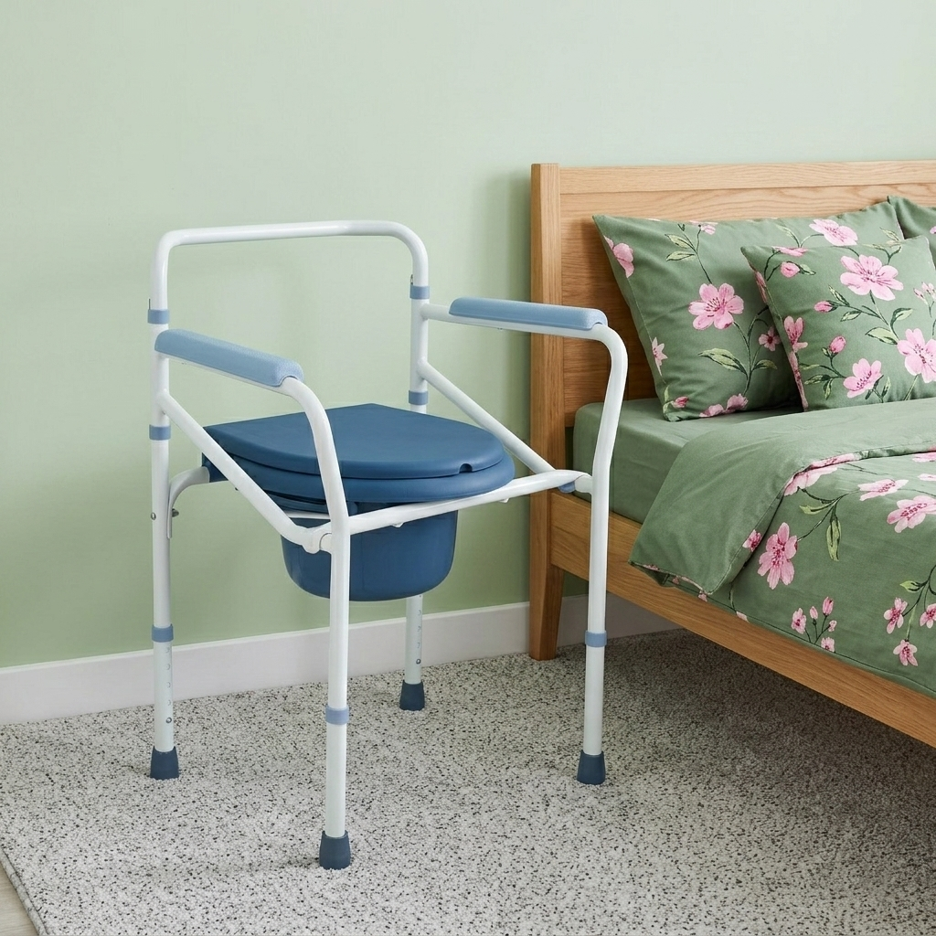 commode chair next to a bed with floral bedding.