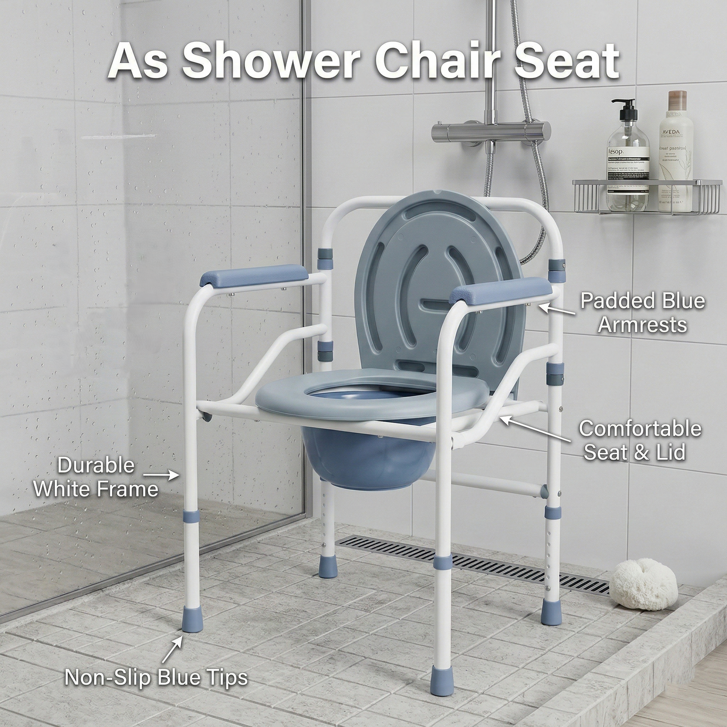 Shower chair seat with labeled features in a bathroom setting