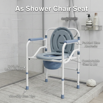 Shower chair seat with labeled features in a bathroom setting