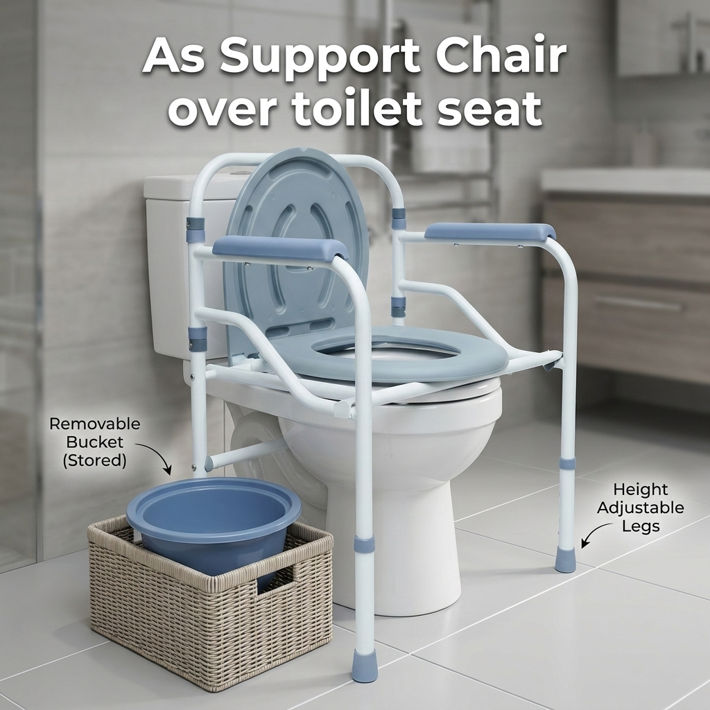 Support chair over toilet seat with removable bucket and height adjustable legs in a bathroom setting.