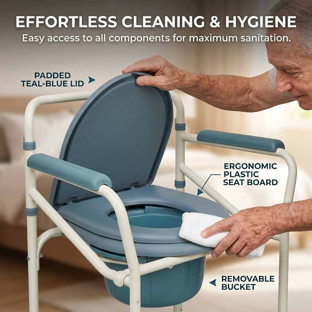 Medical commode chair with features highlighted for cleaning and hygiene.